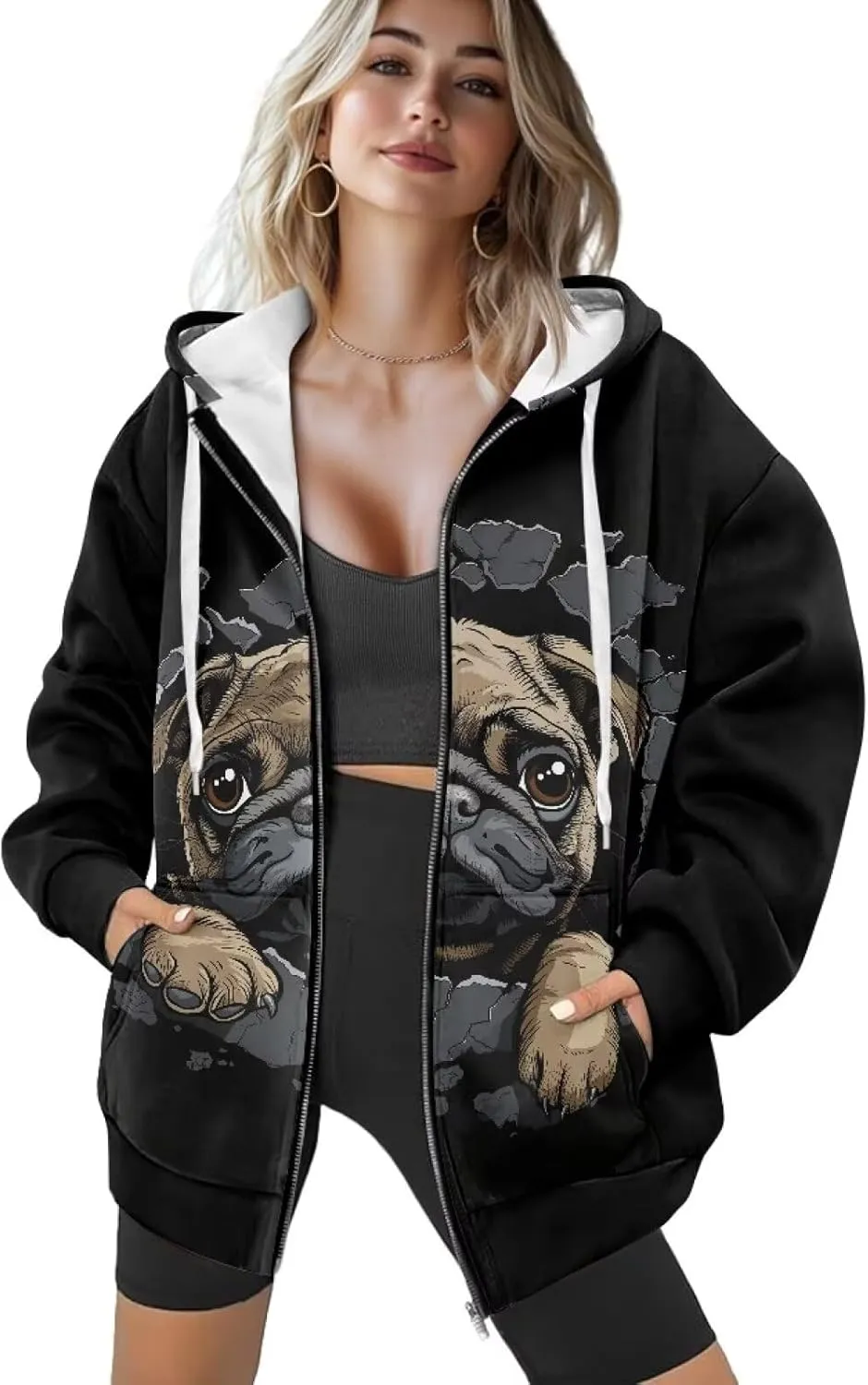 Women's Oversized Hoodies with Zipper Lightweight Fashion Full Zip Up Sweatshirts Jacket Outfit with Pockets
