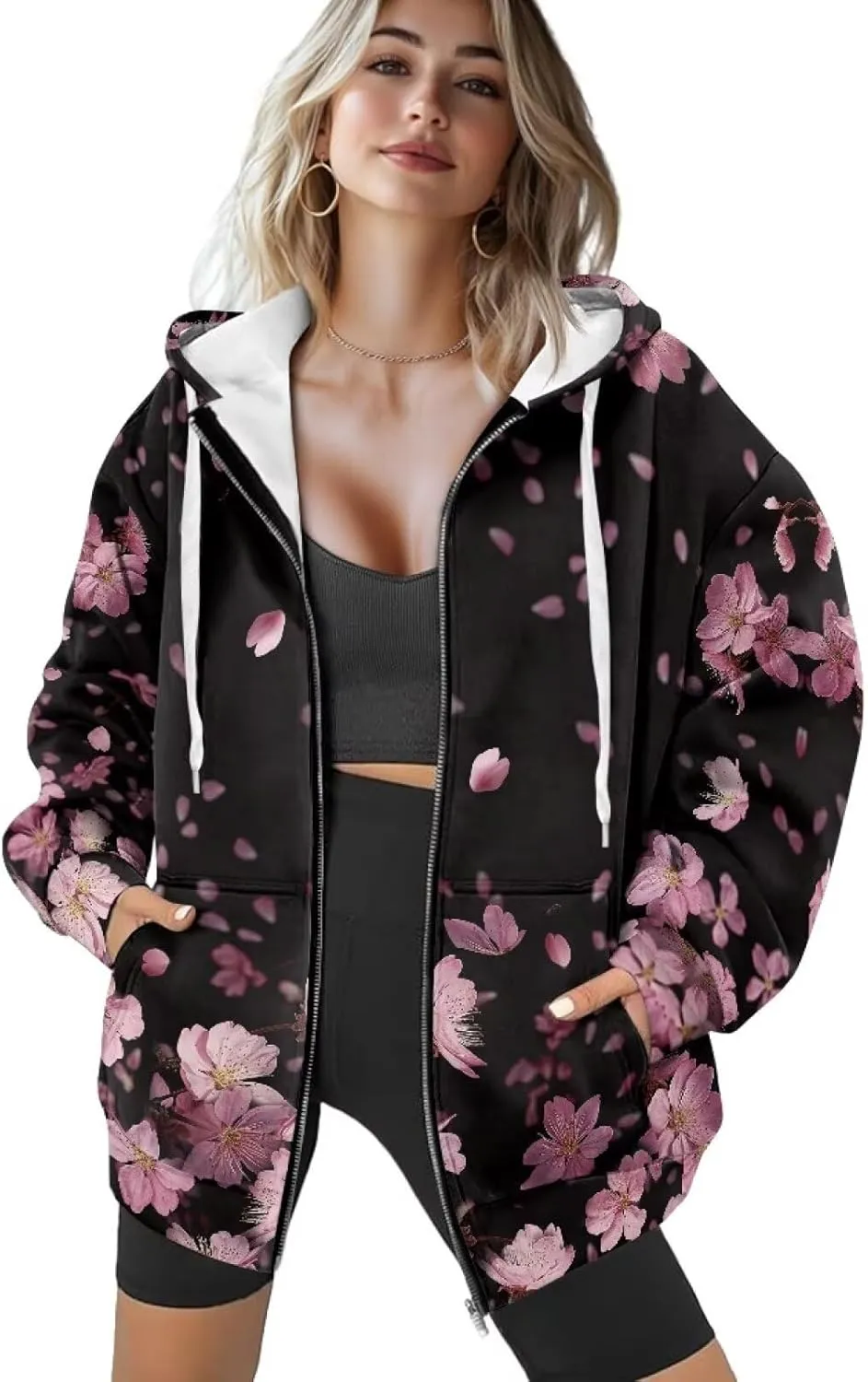 Women's Oversized Hoodies with Zipper Lightweight Fashion Full Zip Up Sweatshirts Jacket Outfit with Pockets