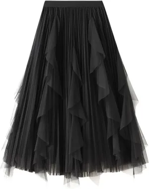 Women's Ruffled Tulle Midi Skirt High Waist Pleated A-line Skirt for Elegant and Casual Occasions 2025 Summer Fashion