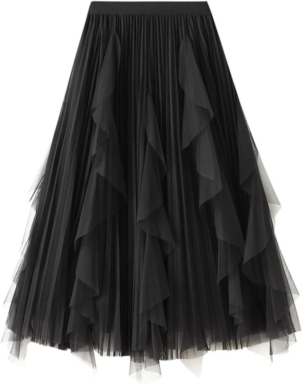 Women's Ruffled Tulle Midi Skirt High Waist Pleated A-line Skirt for Elegant and Casual Occasions 2025 Summer Fashion