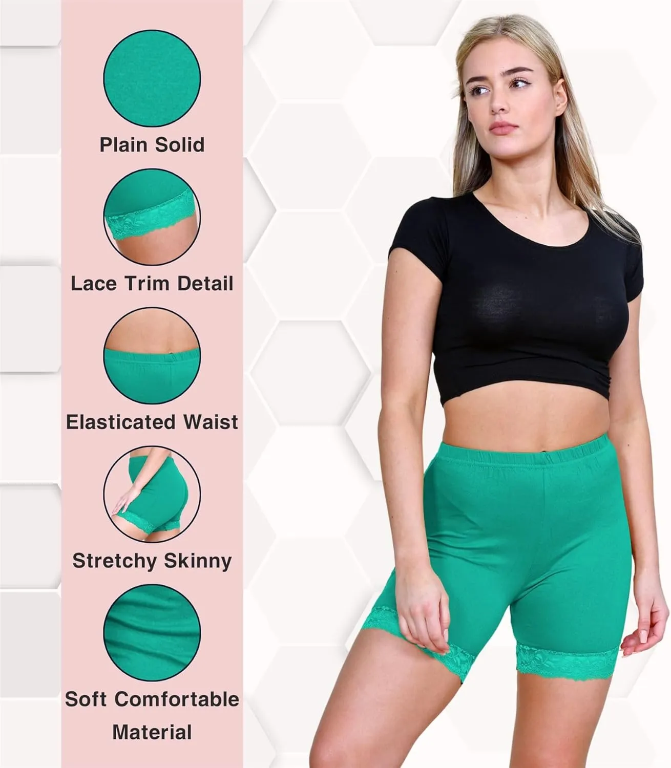 Womens Scallop Lace Trim Plain Gym Bike Tights Viscose Cycling Shorts Hot Pants