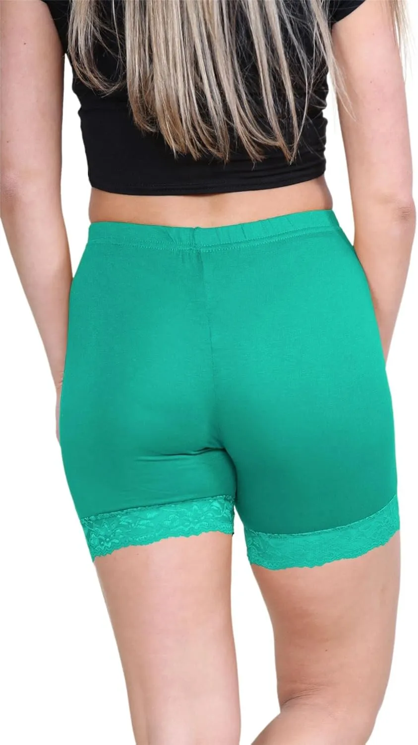 Womens Scallop Lace Trim Plain Gym Bike Tights Viscose Cycling Shorts Hot Pants