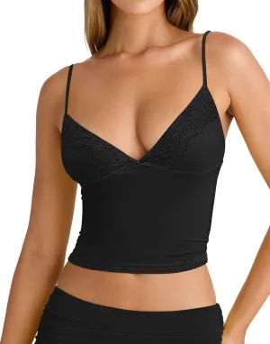 Women's Sexy Lace V Neck Spaghetti Strap Tank Top Sleeveless Double Lined Fitted Going Out Camisole Tops