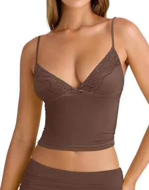 Women's Sexy Lace V Neck Spaghetti Strap Tank Top Sleeveless Double Lined Fitted Going Out Camisole Tops