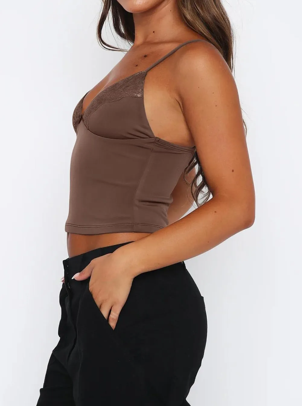 Women's Sexy Lace V Neck Spaghetti Strap Tank Top Sleeveless Double Lined Fitted Going Out Camisole Tops