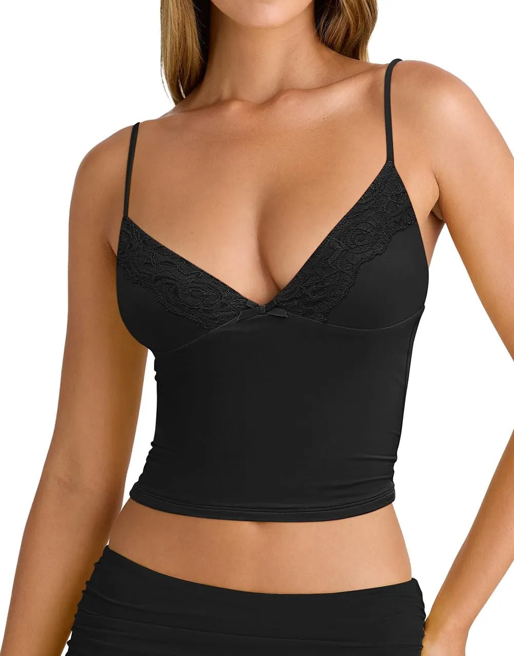 Women's Sexy Lace V Neck Spaghetti Strap Tank Top Sleeveless Double Lined Fitted Going Out Camisole Tops