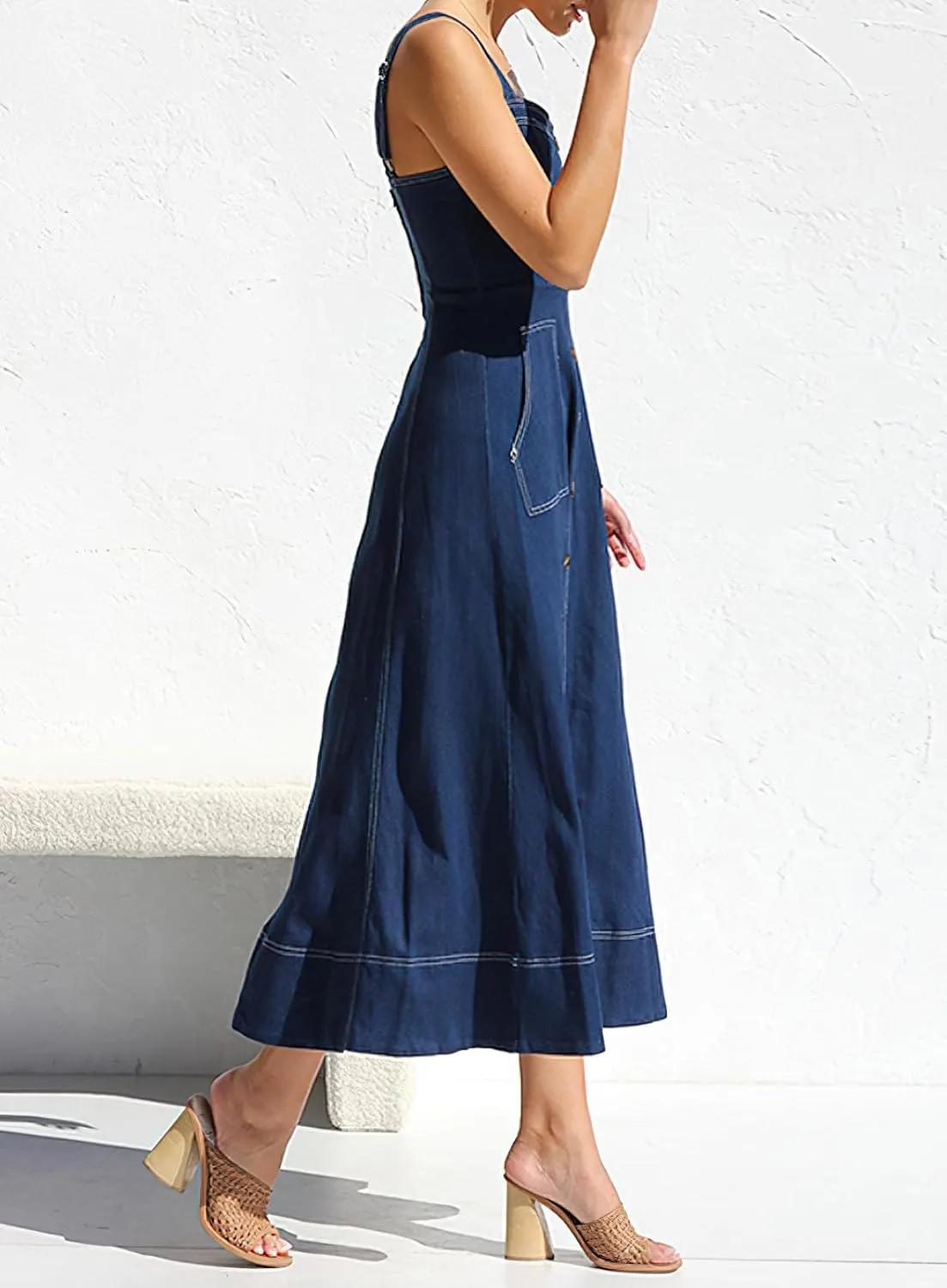 Women's Summer Adjustable Strap Midi Long Denim Dress Button Down A-Line Swing Flowy Jean Dress