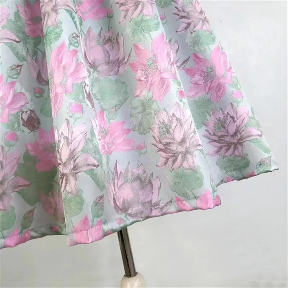 Women's Summer Vintage Floral Embroidered High Waist Pleated Midi Skirt