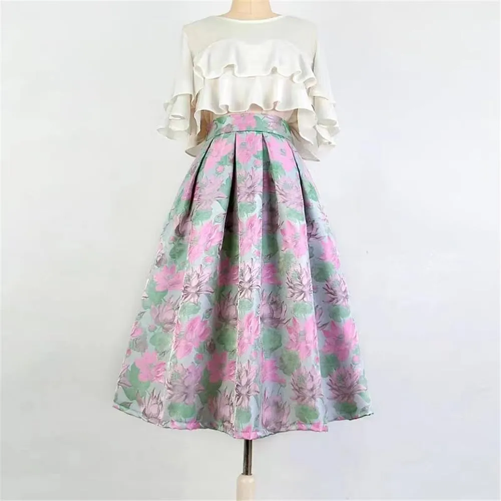 Women's Summer Vintage Floral Embroidered High Waist Pleated Midi Skirt