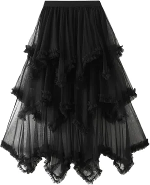 Women's Tulle Skirt A-Line Midi Skirts Irregular Underskirt Ladies Elegant Layered Skirt for Wedding Party Prom