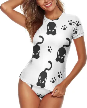 Women's Two Piece Rash Guard Short Sleeve Swim Shirt Built in Bra Bathing Suit with Bottoms
