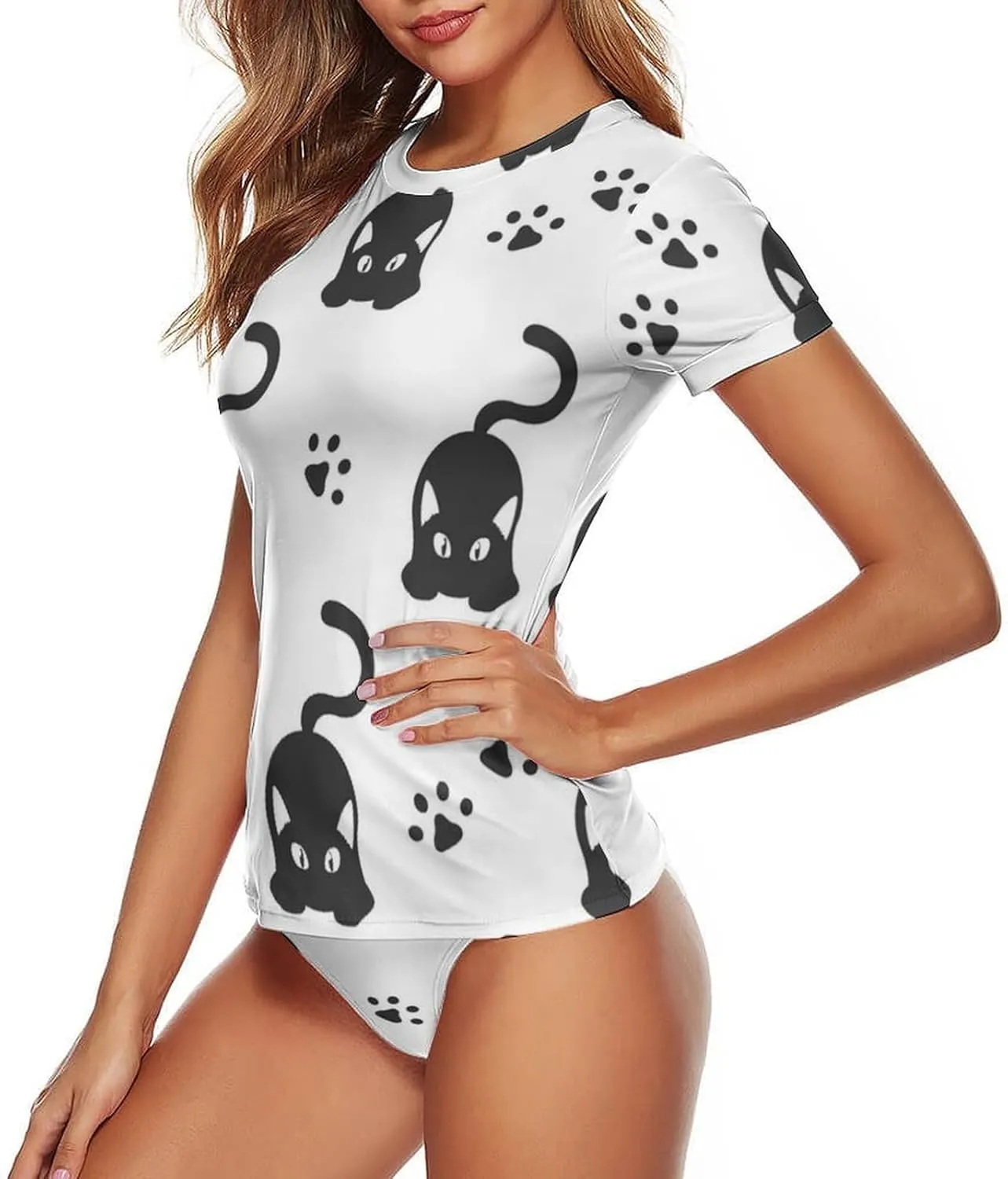 Women's Two Piece Rash Guard Short Sleeve Swim Shirt Built in Bra Bathing Suit with Bottoms