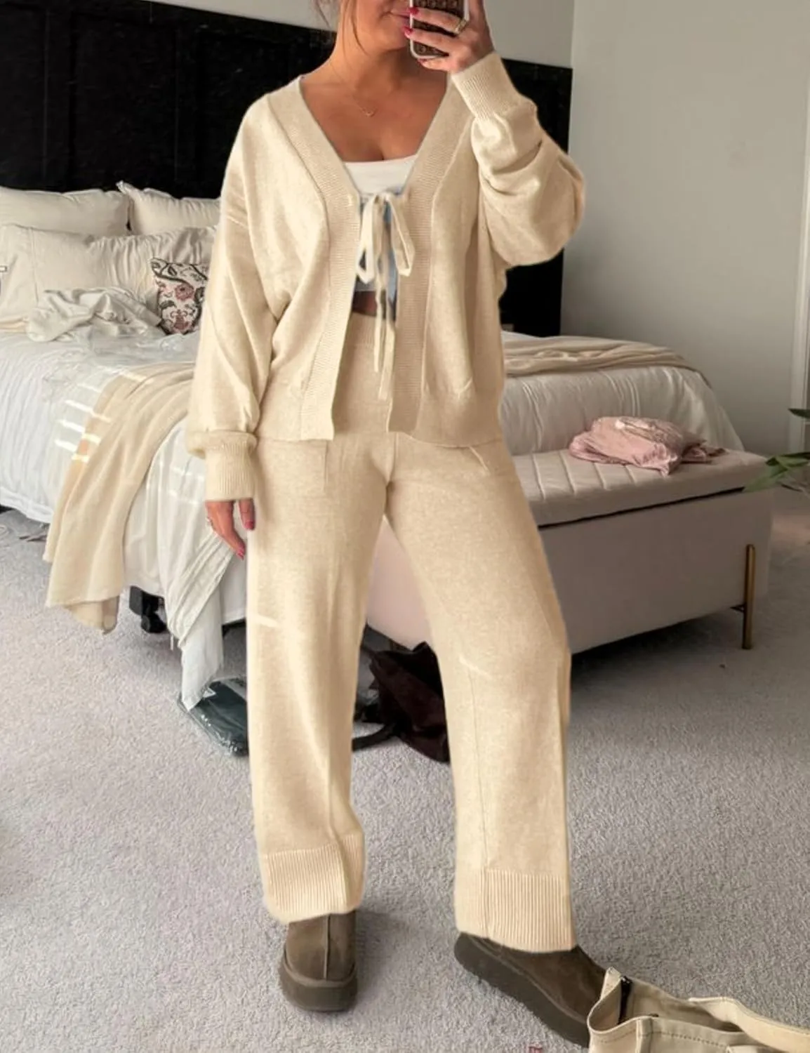 Womens Two Piece Sweater Sets Comfy Loungewear Set V-Neck Cardigan Pant Matching Pajama Sets Sweatsuit Outfits