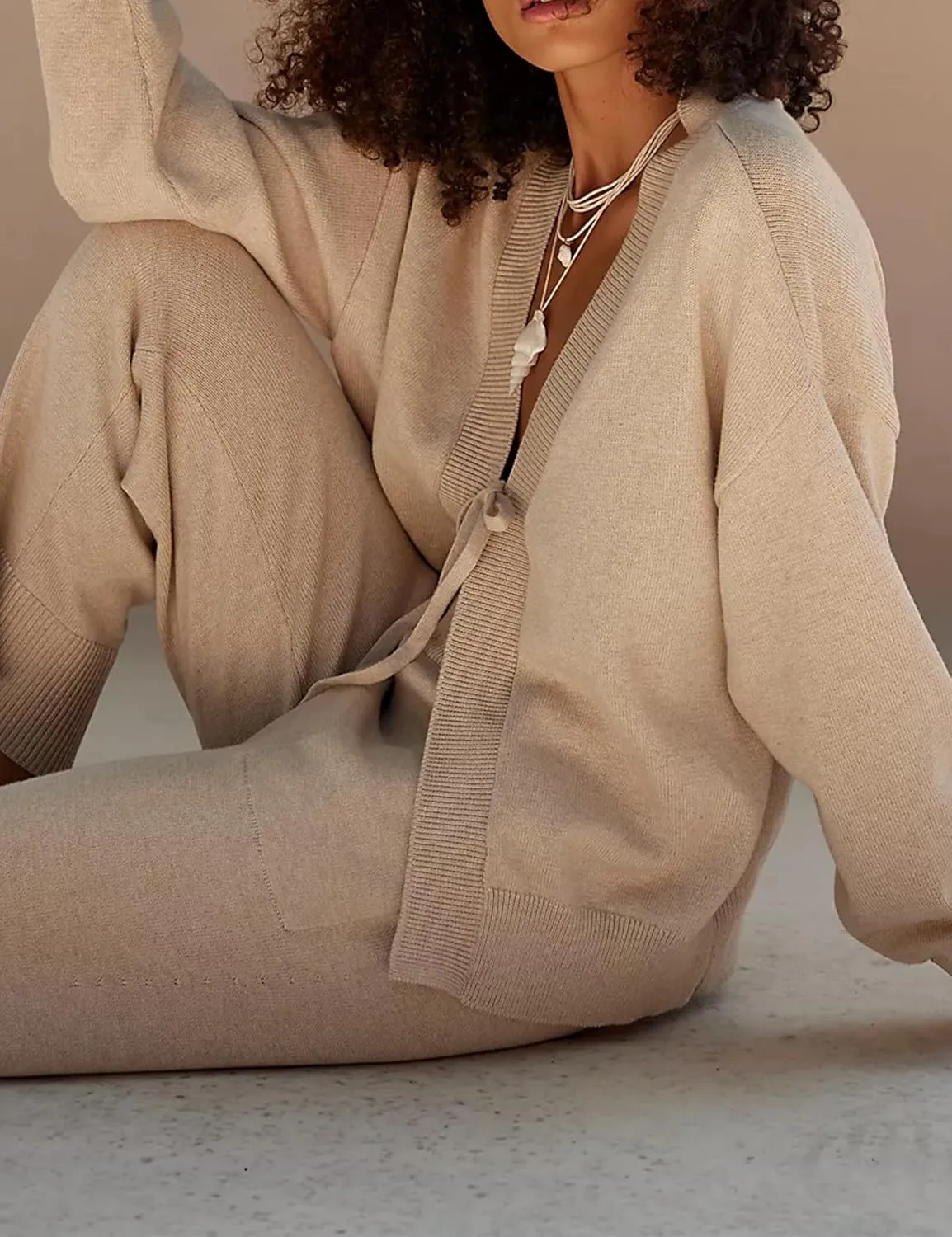 Womens Two Piece Sweater Sets Comfy Loungewear Set V-Neck Cardigan Pant Matching Pajama Sets Sweatsuit Outfits