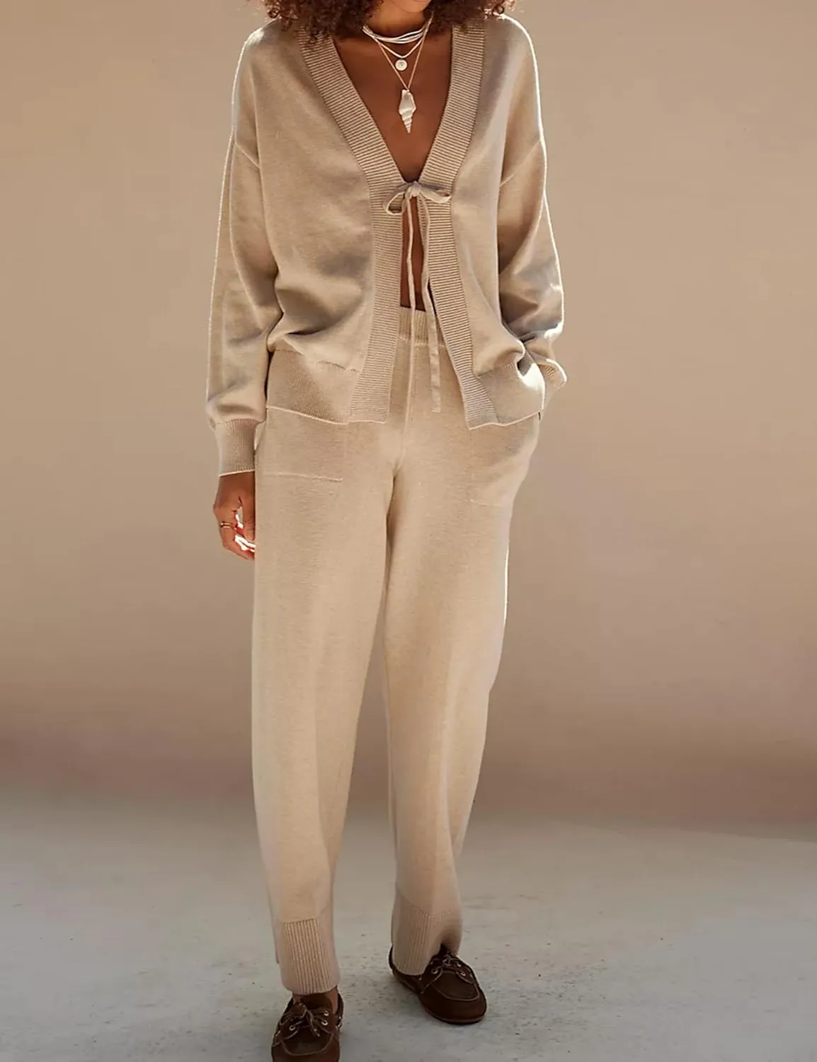 Womens Two Piece Sweater Sets Comfy Loungewear Set V-Neck Cardigan Pant Matching Pajama Sets Sweatsuit Outfits