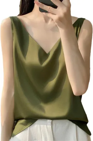 Women's V-Neck Satin Classic Sleeveless T-Shirt Solid Color Temperament Simple Sleeveless Camisole