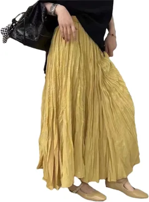 Women's Vintage Solid Pleated Long Skirts Summer High Waist Casual Loose Straight A-Line Skirt