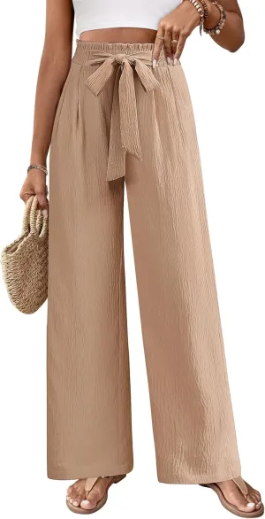 Women's Wide Leg Lounge Pants with Pockets Lightweight High Waisted Adjustable Tie Knot Loose Trousers