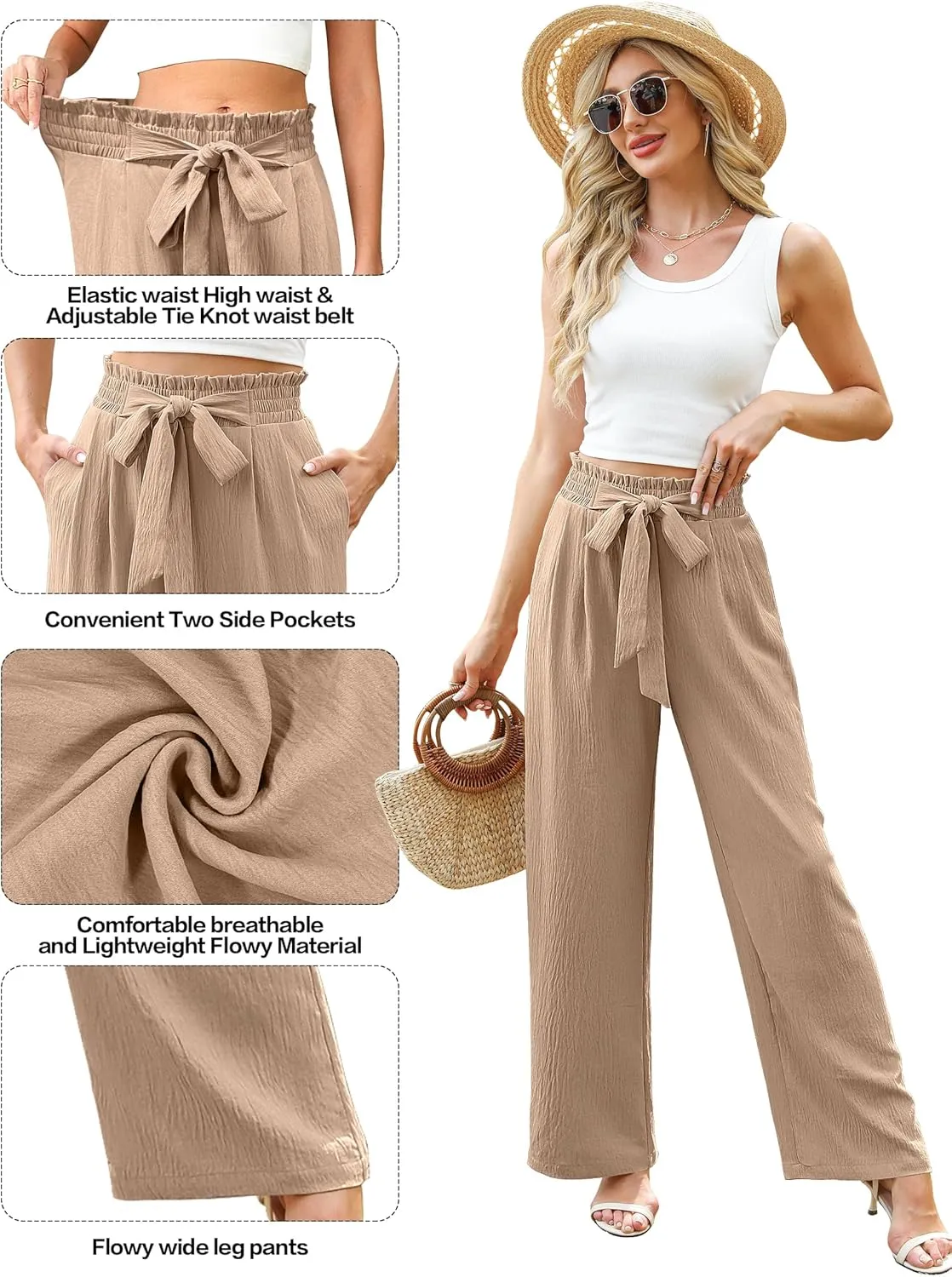 Women's Wide Leg Lounge Pants with Pockets Lightweight High Waisted Adjustable Tie Knot Loose Trousers