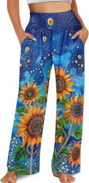 Women's Wide Leg Pants Boho Palazzo Pant High Elastic Waisted Lounge Pant Casual Beach Trousers with Pockets