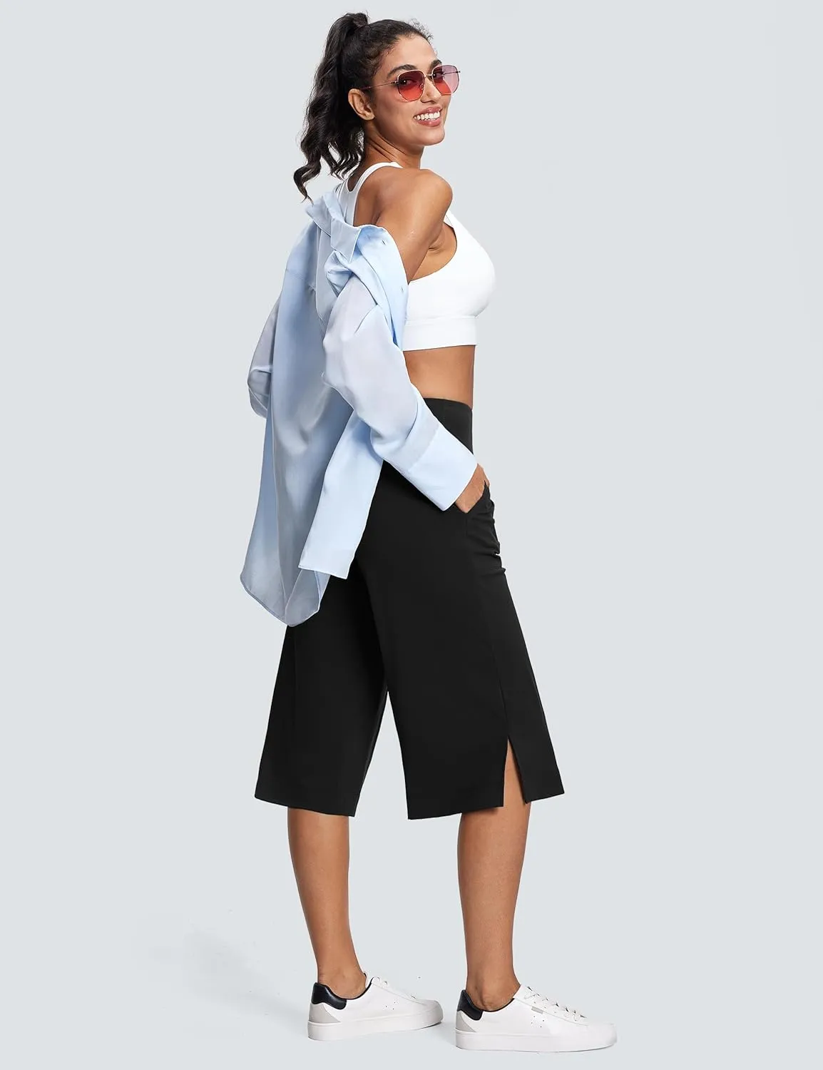 Women's Wide Leg Yoga Capris High Waist Loose Fit Dress Pants with Pockets Casual Lounge Capri Pants for Women