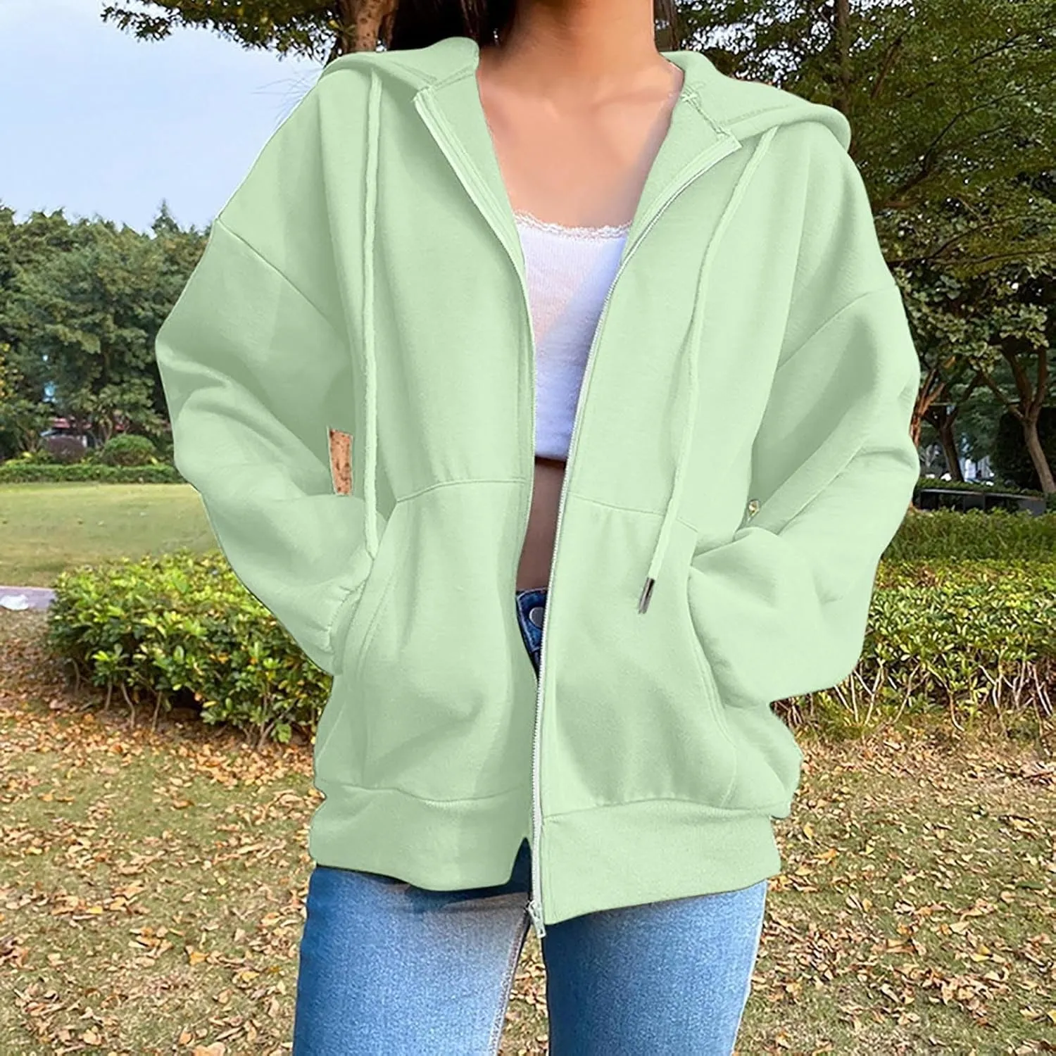 Womens Zip Up Hoodies Long Sleeve Oversized Sweatshirts Fleece Jacket Pockets 2024 Fall Outfits Fashion Y2K Clothes