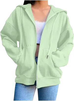 Womens Zip Up Hoodies Long Sleeve Oversized Sweatshirts Fleece Jacket Pockets 2024 Fall Outfits Fashion Y2K Clothes