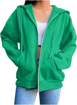Womens Zip Up Hoodies Long Sleeve Oversized Sweatshirts Fleece Jacket Pockets 2024 Fall Outfits Fashion Y2K Clothes