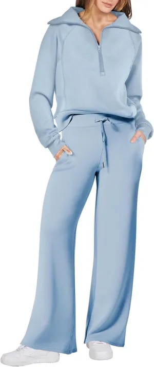 Woolicity Women's 2 Piece Outfits Half Zip Long Sleeve Sweatsuits Sets Wide Leg Sweatpant Tracksuit with Pockets