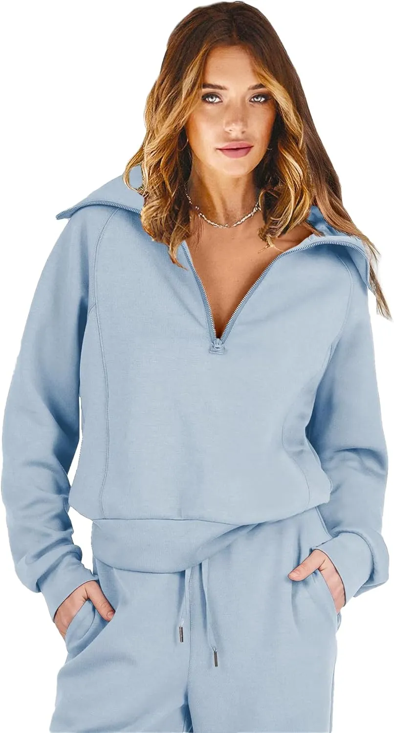 Woolicity Women's 2 Piece Outfits Half Zip Long Sleeve Sweatsuits Sets Wide Leg Sweatpant Tracksuit with Pockets