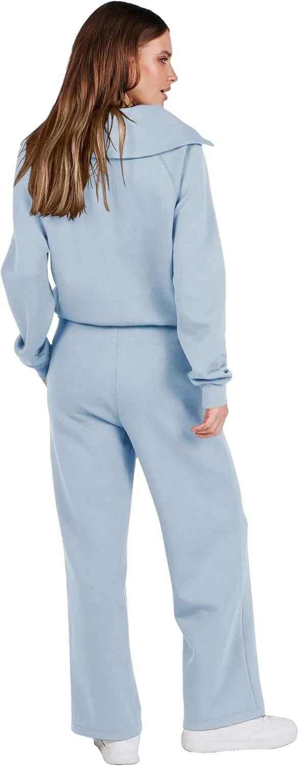 Woolicity Women's 2 Piece Outfits Half Zip Long Sleeve Sweatsuits Sets Wide Leg Sweatpant Tracksuit with Pockets