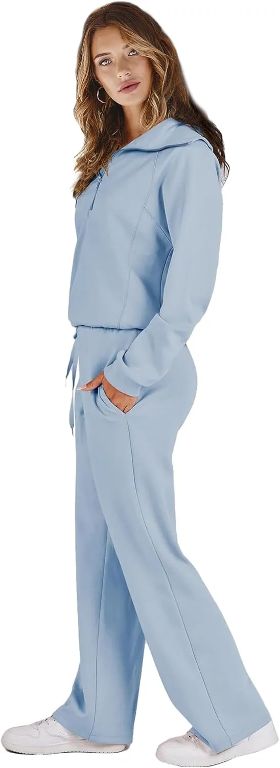 Woolicity Women's 2 Piece Outfits Half Zip Long Sleeve Sweatsuits Sets Wide Leg Sweatpant Tracksuit with Pockets