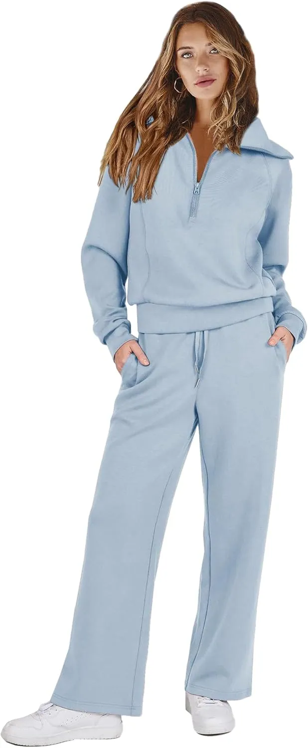 Woolicity Women's 2 Piece Outfits Half Zip Long Sleeve Sweatsuits Sets Wide Leg Sweatpant Tracksuit with Pockets