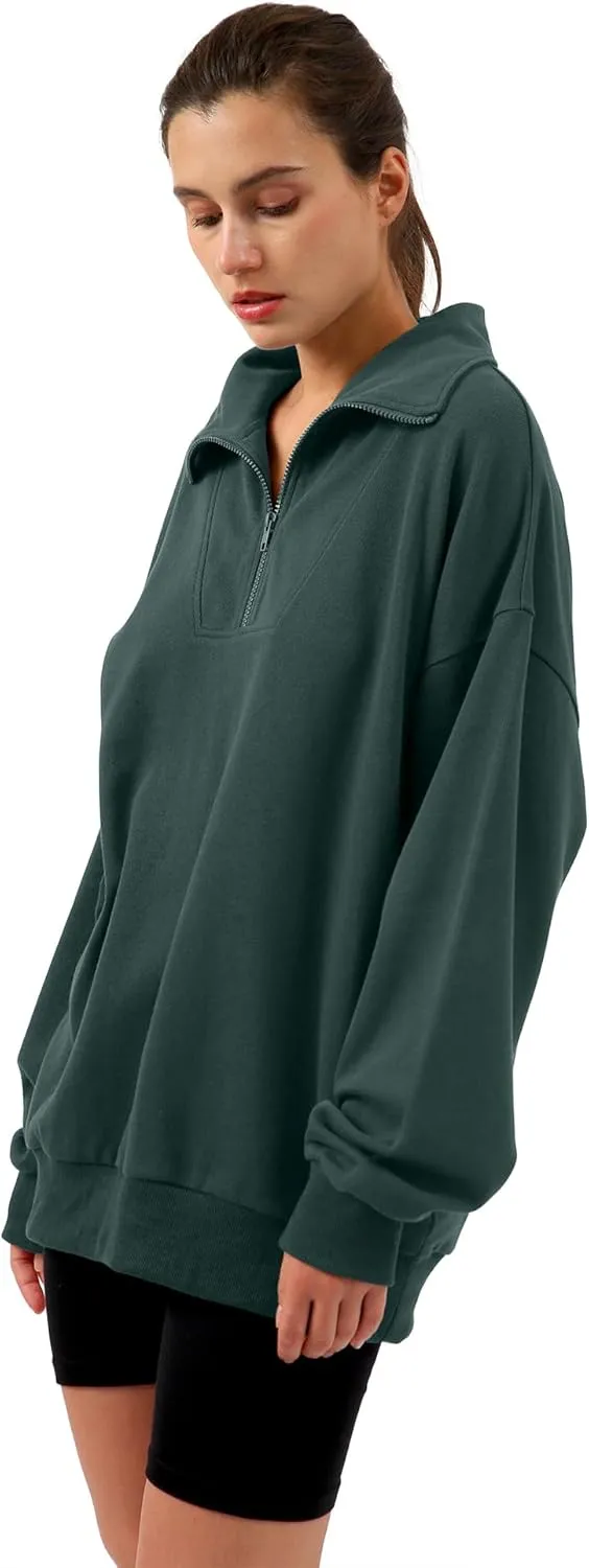 Xintianji Womens 1/4 Zip Pullover Sweatshirts Long Sleeve Drop Shoulder Half Hoodies Fall Oversized Sweater with side pockets