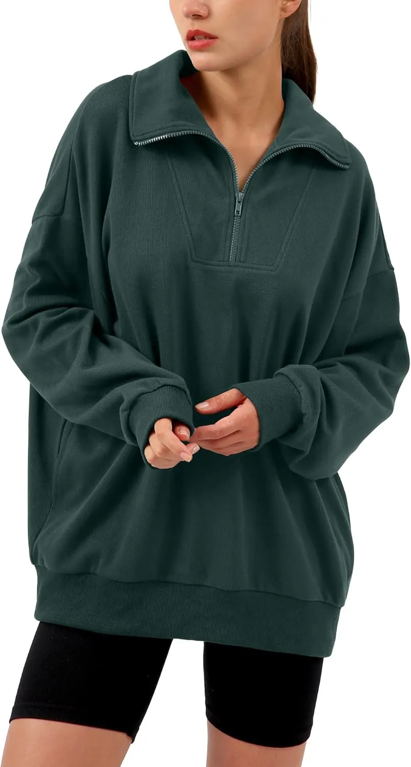 Xintianji Womens 1/4 Zip Pullover Sweatshirts Long Sleeve Drop Shoulder Half Hoodies Fall Oversized Sweater with side pockets