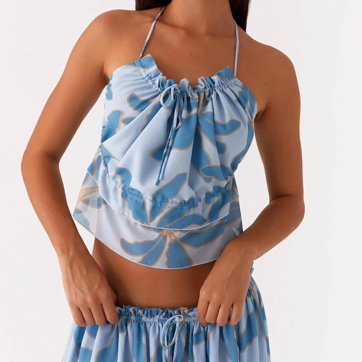Y2k Women Floral Halter Tank Crop Top Sexy Tie Up Backless Sleeveless Slim Fit Cami Going Out Camisole Summer