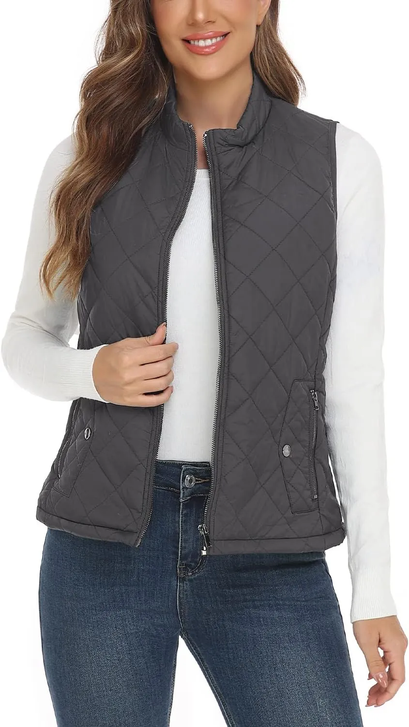 YESLIFE 2024 Women's Outwear Quilted Vest With One Inside Pocket - Stand Collar Lightweight Padded Gilet for Women