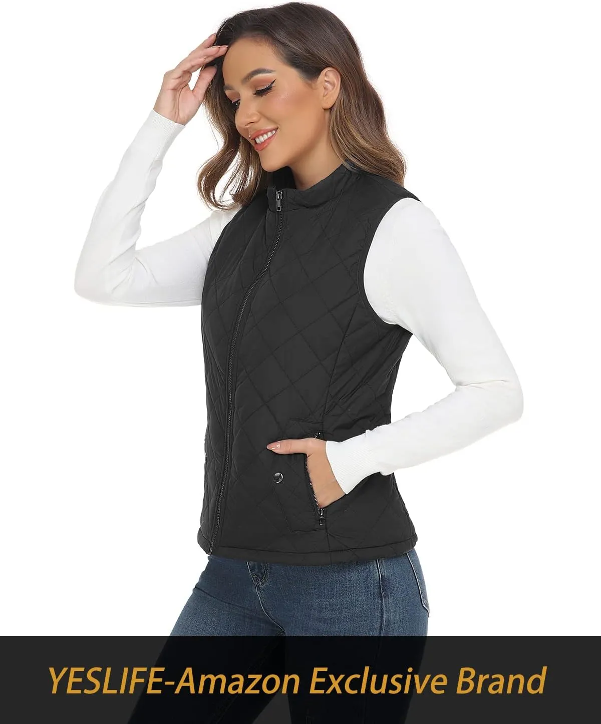 YESLIFE 2024 Women's Outwear Quilted Vest With One Inside Pocket - Stand Collar Lightweight Padded Gilet for Women