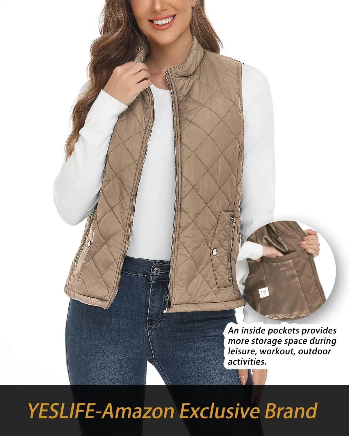 YESLIFE 2024 Women's Outwear Quilted Vest With One Inside Pocket - Stand Collar Lightweight Padded Gilet for Women
