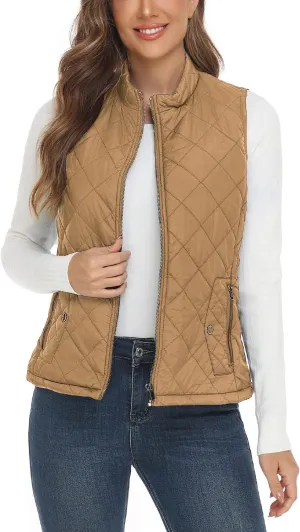 YESLIFE 2024 Women's Outwear Quilted Vest With One Inside Pocket - Stand Collar Lightweight Padded Gilet for Women
