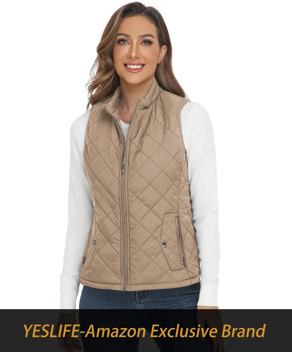 YESLIFE 2024 Women's Outwear Quilted Vest With One Inside Pocket - Stand Collar Lightweight Padded Gilet for Women