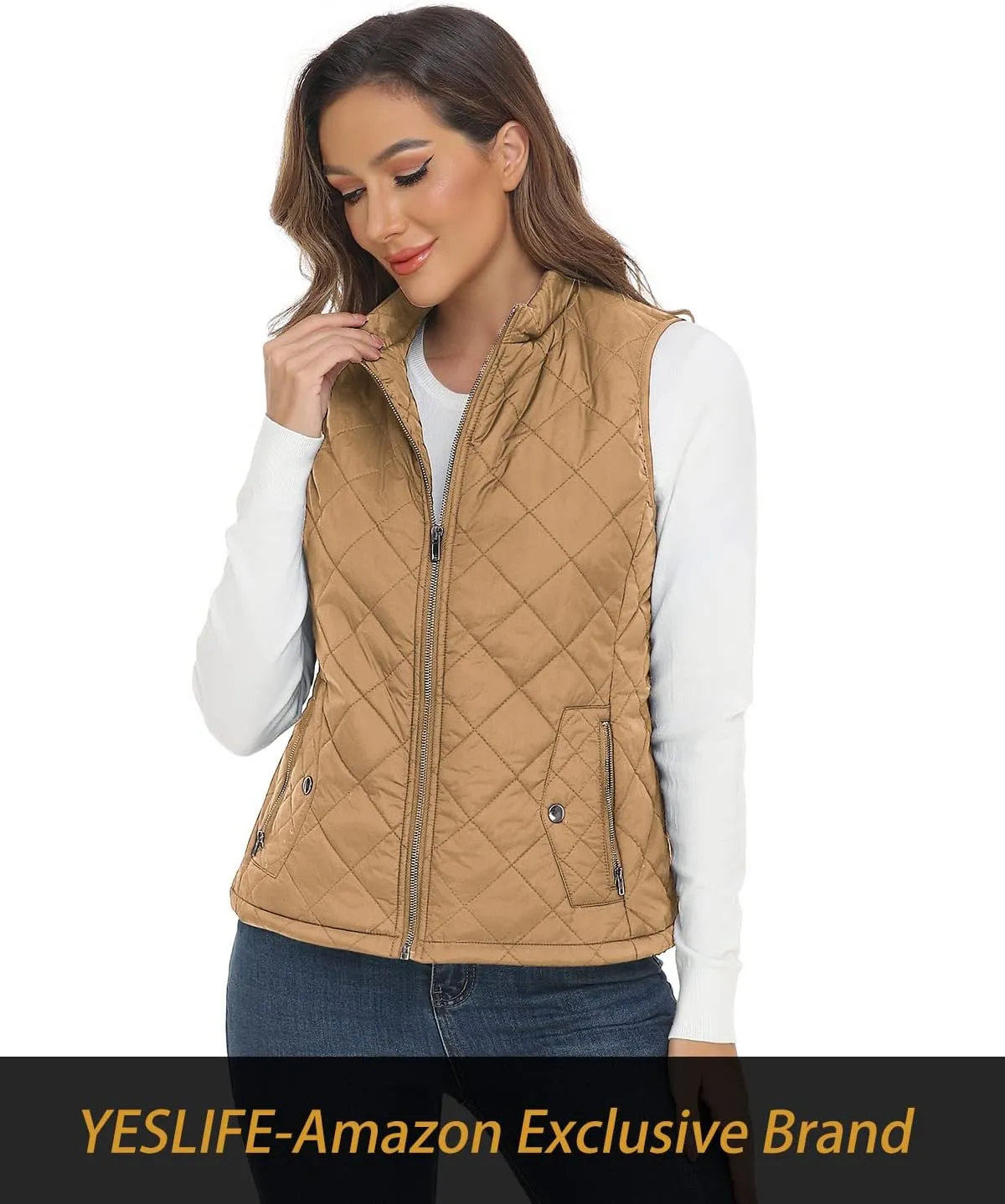 YESLIFE 2024 Women's Outwear Quilted Vest With One Inside Pocket - Stand Collar Lightweight Padded Gilet for Women
