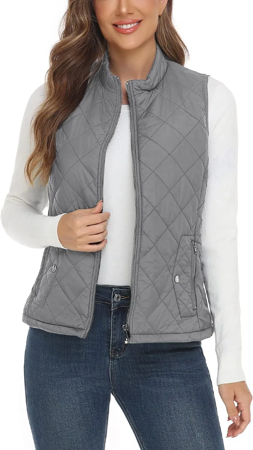 YESLIFE 2024 Women's Outwear Quilted Vest With One Inside Pocket - Stand Collar Lightweight Padded Gilet for Women