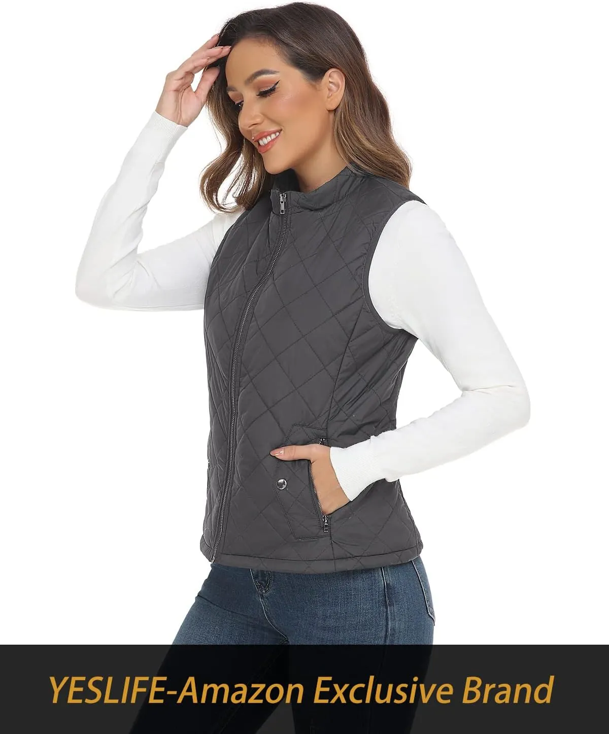YESLIFE 2024 Women's Outwear Quilted Vest With One Inside Pocket - Stand Collar Lightweight Padded Gilet for Women