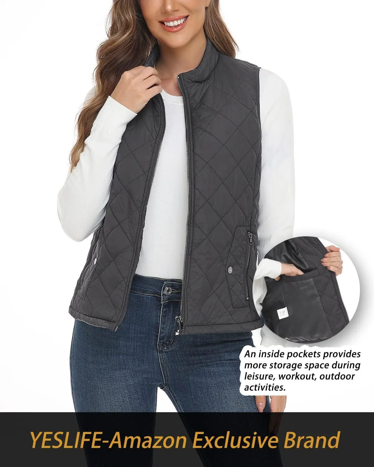 YESLIFE 2024 Women's Outwear Quilted Vest With One Inside Pocket - Stand Collar Lightweight Padded Gilet for Women