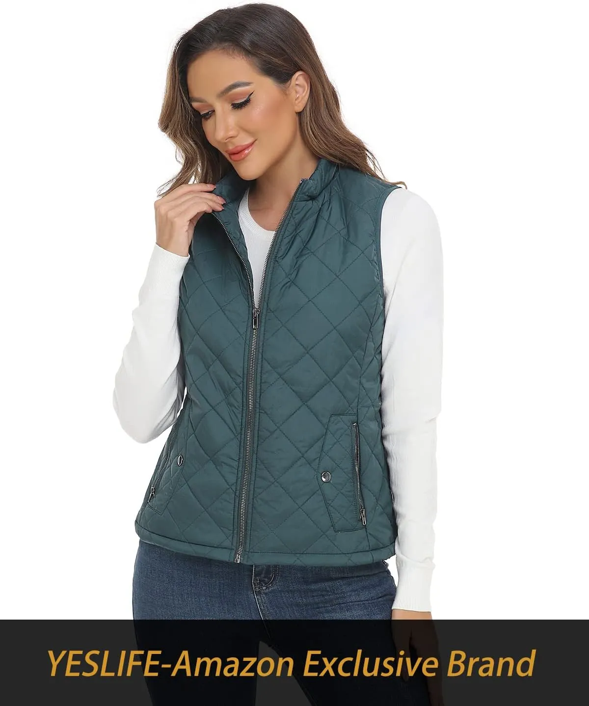 YESLIFE 2024 Women's Outwear Quilted Vest With One Inside Pocket - Stand Collar Lightweight Padded Gilet for Women