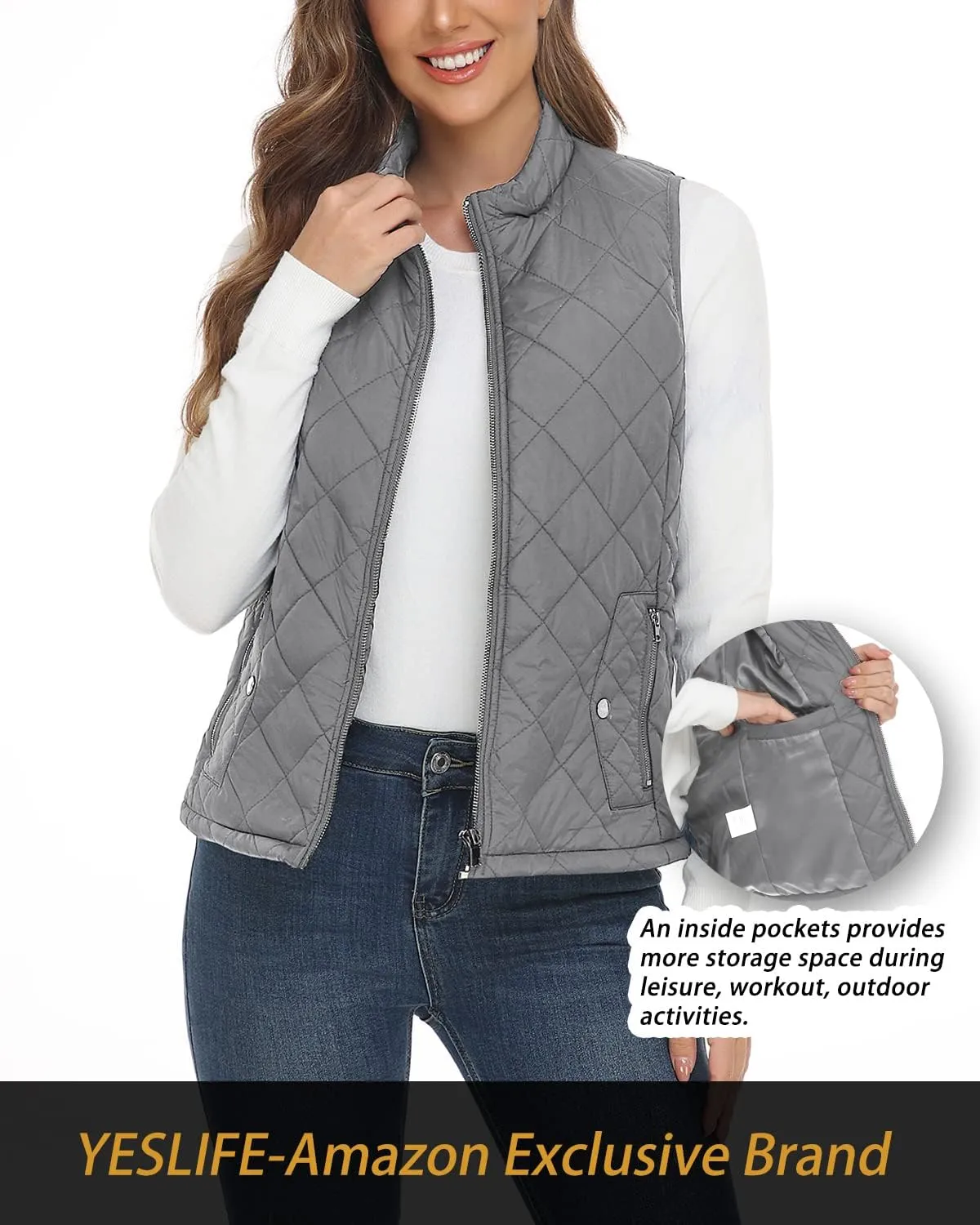 YESLIFE 2024 Women's Outwear Quilted Vest With One Inside Pocket - Stand Collar Lightweight Padded Gilet for Women