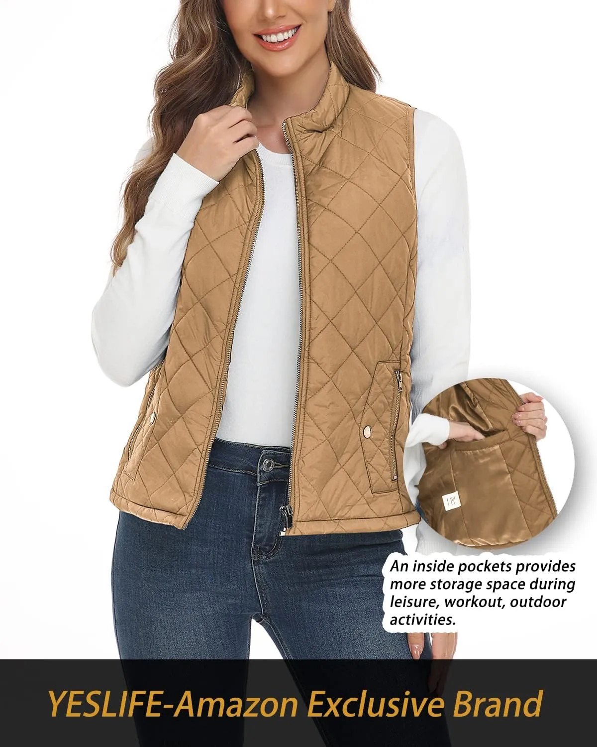 YESLIFE 2024 Women's Outwear Quilted Vest With One Inside Pocket - Stand Collar Lightweight Padded Gilet for Women