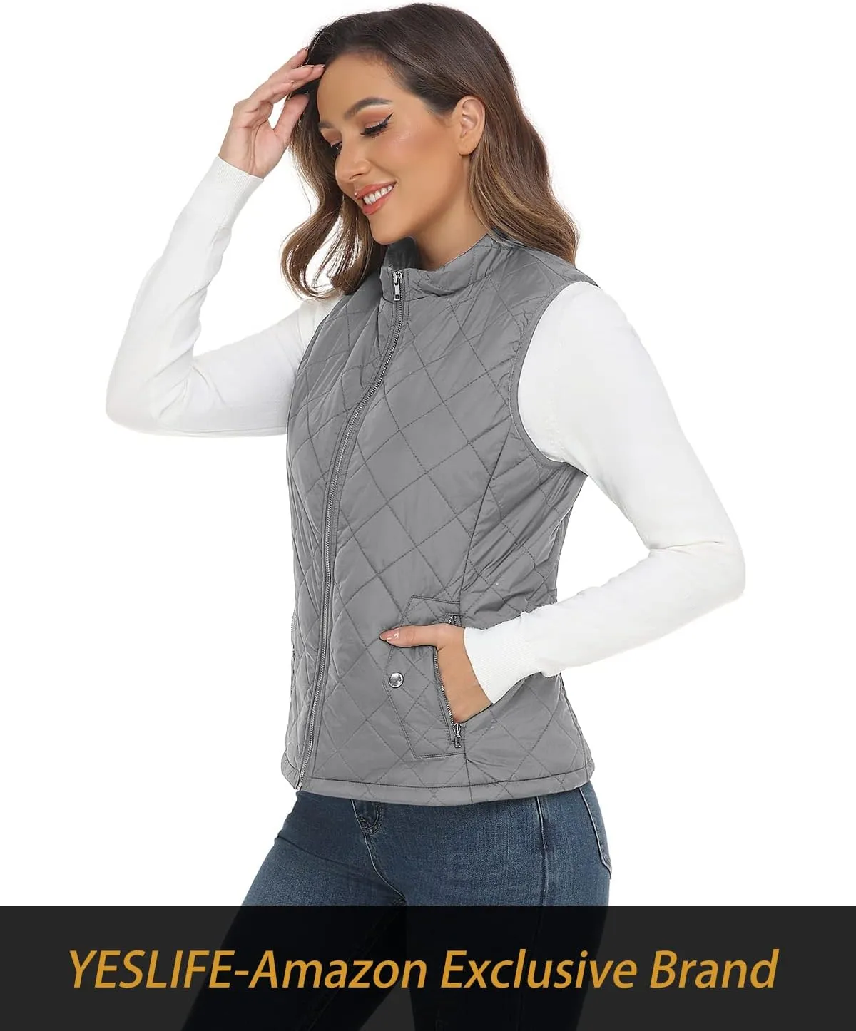 YESLIFE 2024 Women's Outwear Quilted Vest With One Inside Pocket - Stand Collar Lightweight Padded Gilet for Women