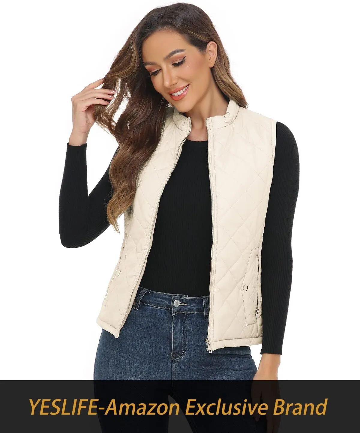 YESLIFE 2024 Women's Outwear Quilted Vest With One Inside Pocket - Stand Collar Lightweight Padded Gilet for Women